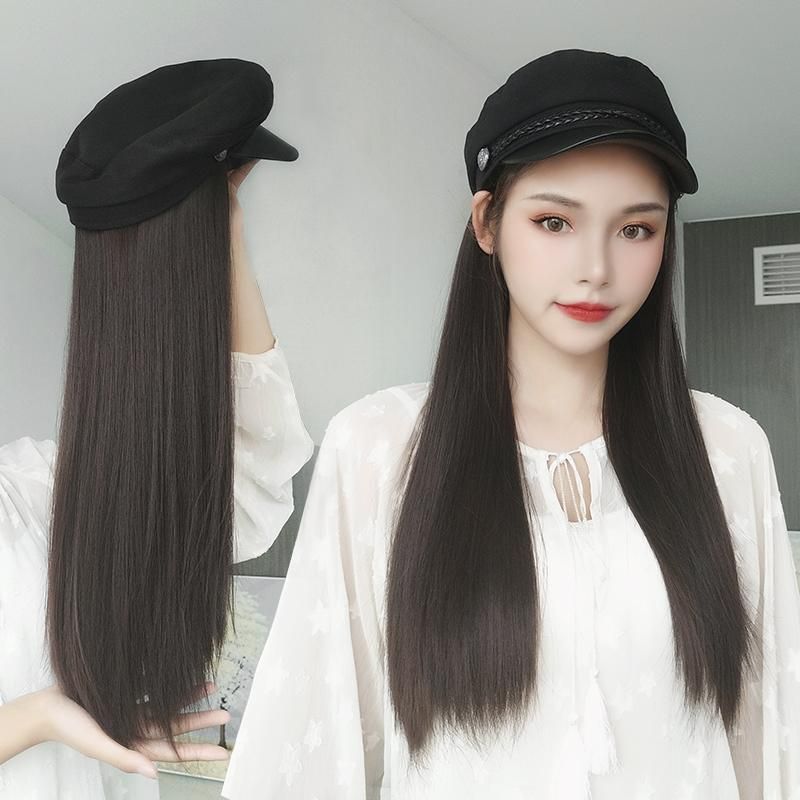 Fashion PU Leather Brim Military Hat For Women With Long Straight Or Curly Hair Synthetic Extension All-in-one Navy Caps Berets Fashion PU Leather Brim Military Hat For Women With Long Straight Or Curly Hair Synthetic Extension All-in-one Navy Caps Berets