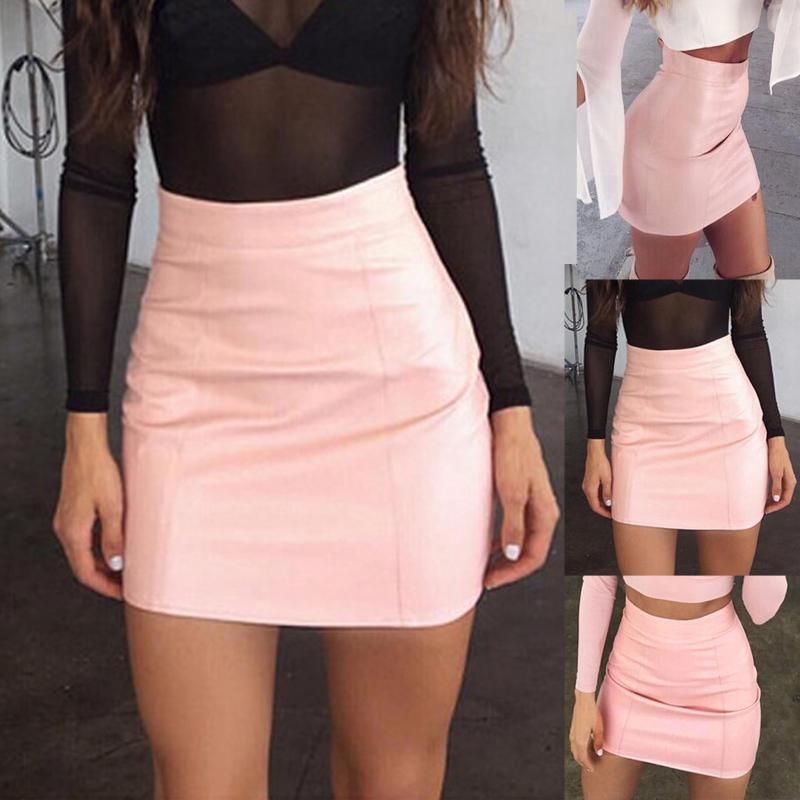 Moda de verano elegantes mujeres PU falda de cuero casual cintura alta mini señoras con cremallera ajustada faldas cortas rosa sólido
