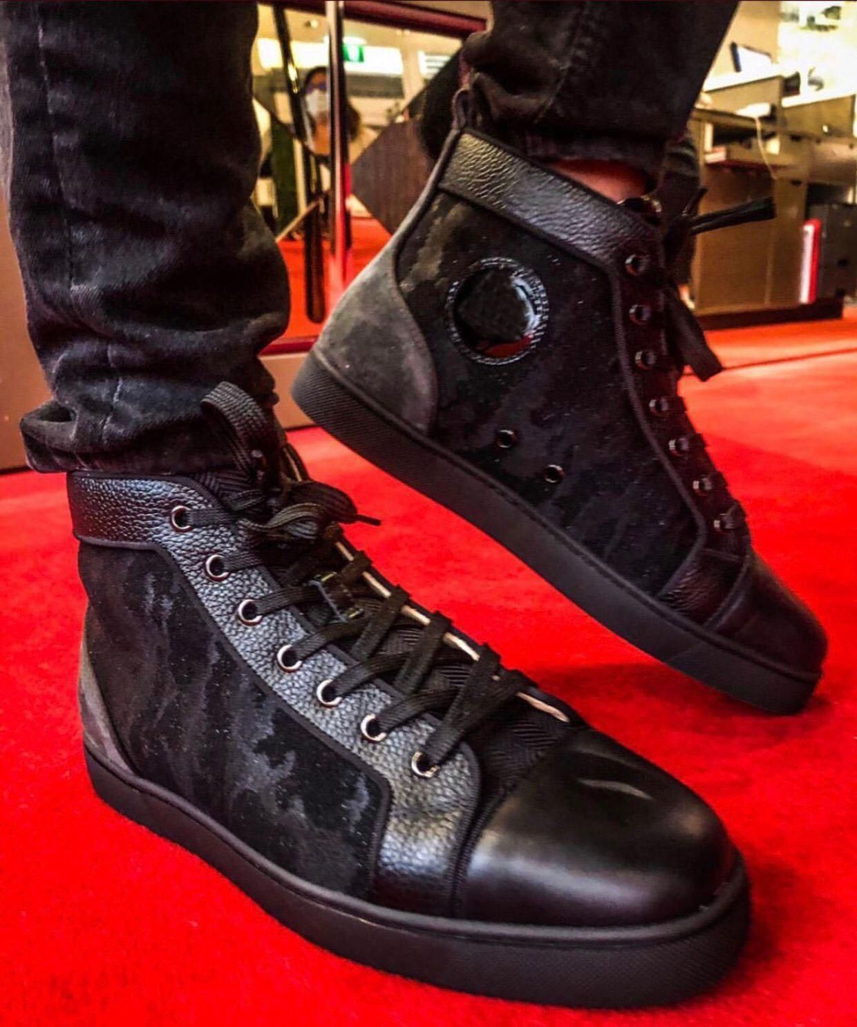 Louboutin Christian [Original Box] Beroemde Designer Orlato High-Top Heren  Rode Bodem Sneaker Zwart Camouflage Lederen