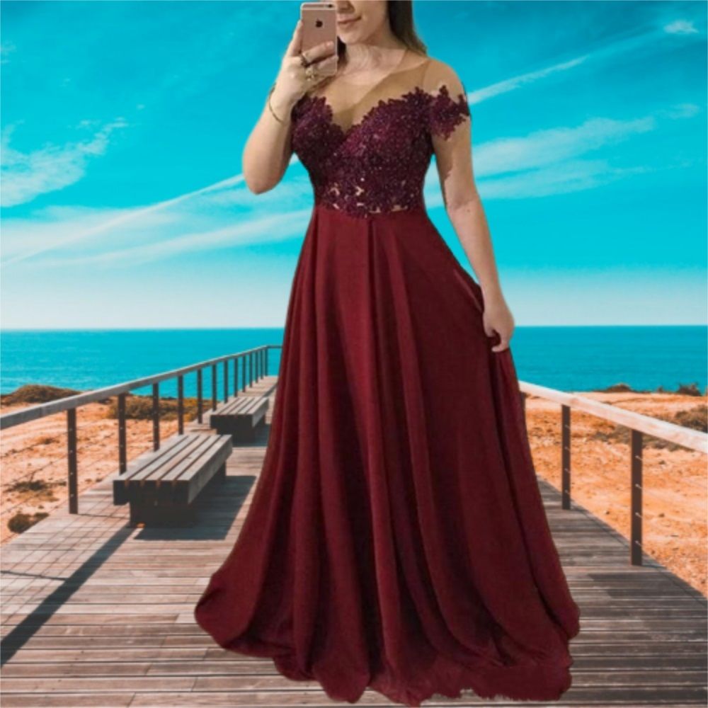 Compra Burgundy Lace Vestidos De Fiesta De Ilusión Larga Escote Escote  Manga Corta Apliques Vestidos De Noche Vestido De Ocasión Especial De Gasa  Barato | Entrega Rápida Y Calidad | Es.Dhgate