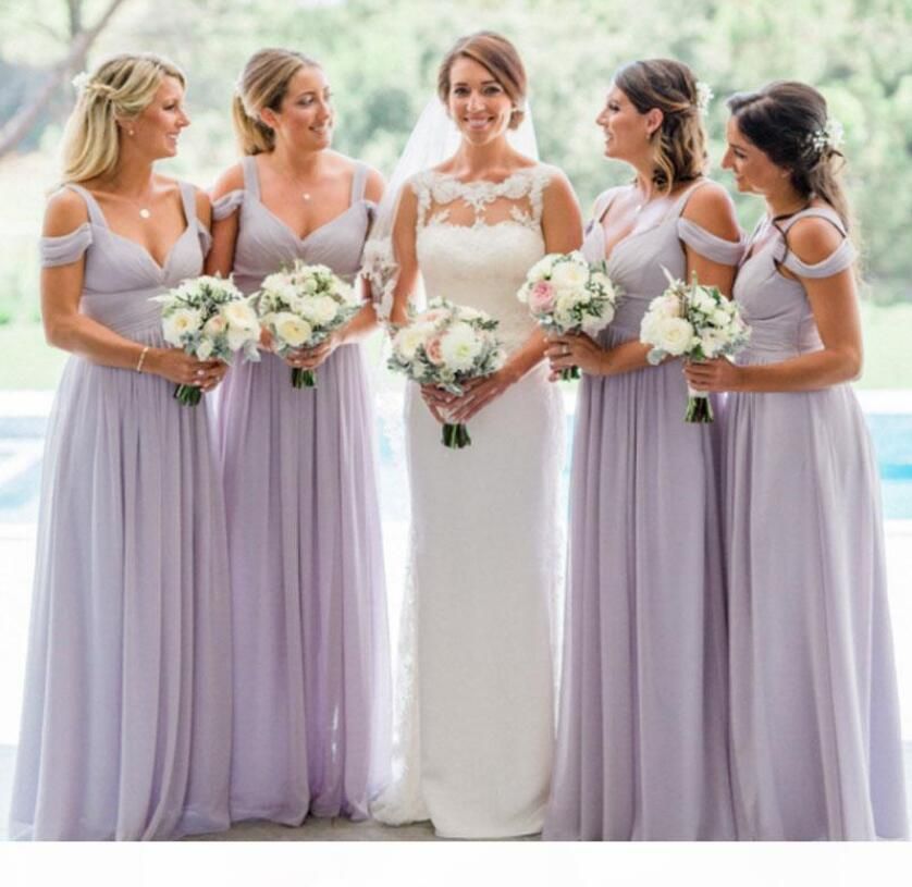 2022 Lilac Vestidos de dama de honor una línea con volantes del hombro con  cremallera con cremallera de piso de la boda de la boda de la boda de los  huéspedes vestidos