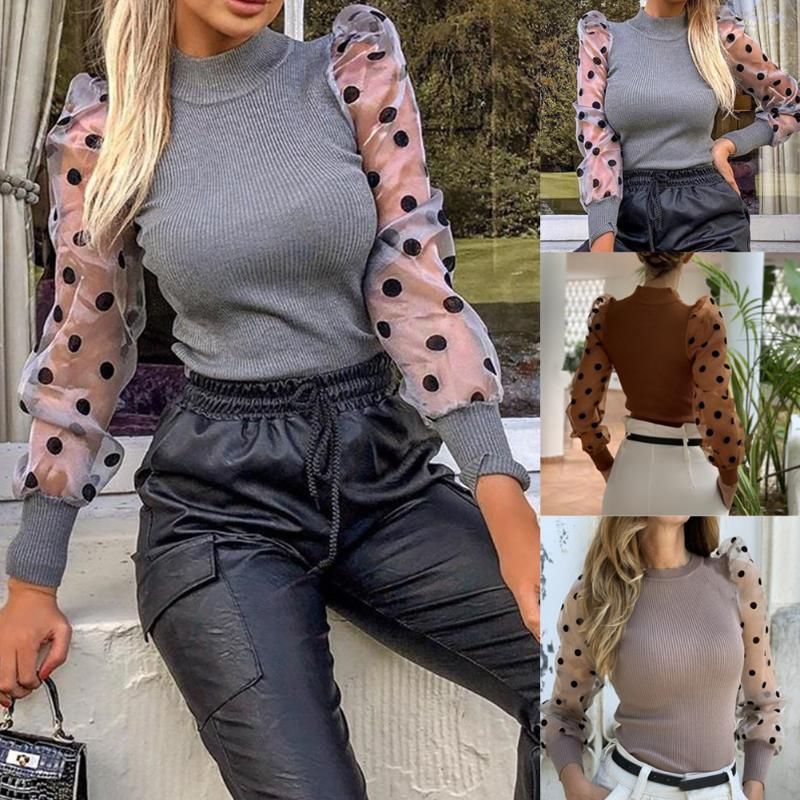 Women's Ladies Fine Knitted Polka Dots Mesh Puff Sleeve Ribbed Shirt Jumper Top