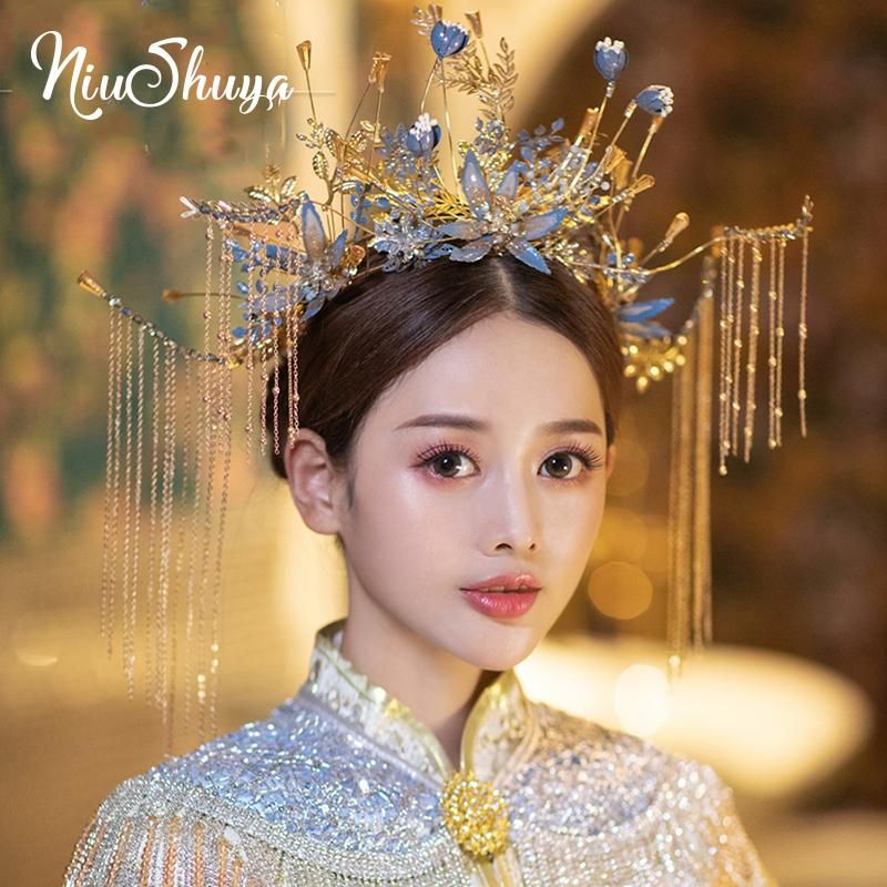 NiuShuya Luxury Chinese Bridal Headdress Fresh Light Blue Flower Crown Costume Wedding Jewelry Hair Accessories Clips & Barrettes NiuShuya Luxury Chinese Bridal Headdress Fresh Light Blue Flower Crown Costume Wedding Jewelry Hair Accessories Clips & Barrettes