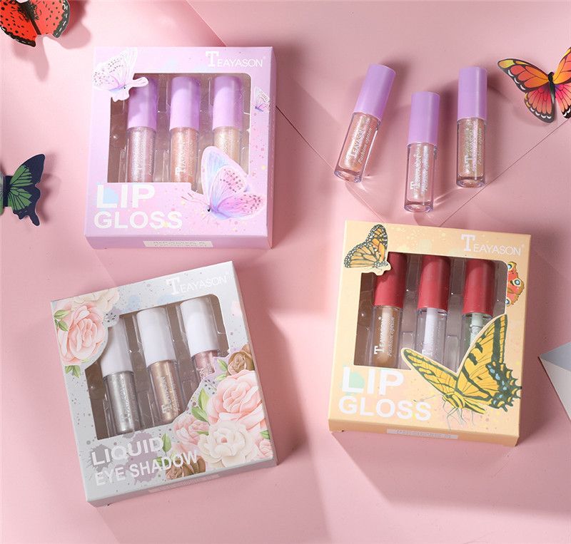Juego de lápiz labial líquido de maquillaje de téyason 3 colores brillo de ojos sombrero de Juego de lápiz labial líquido de maquillaje de téyason 3 colores brillo de ojos sombrero de