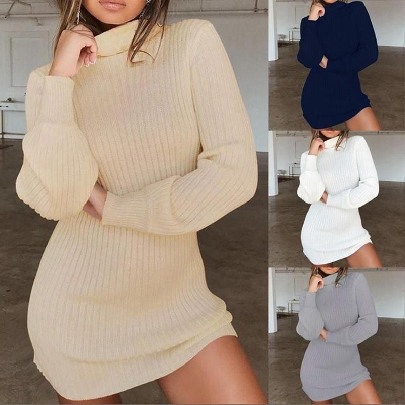 Compra Vestidos Casuales Mujeres De Punto Cuello Alto Esclimado Lana Sólido  Mini Moda Damas Básicas De Manga Larga Invierno Otoño Cálido Barato |  Entrega Rápida Y Calidad | Es.Dhgate