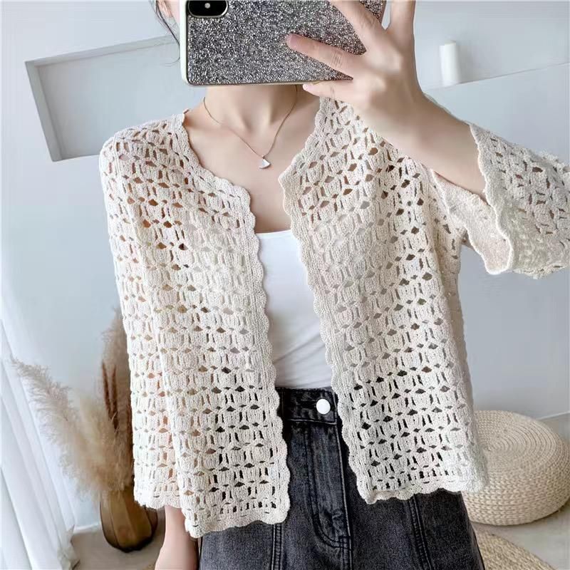 Chaquetas de mujer Camisetas Spring Summer Crochet Blanco Albaricoque Blusa Mujer Moda Tops Sexy