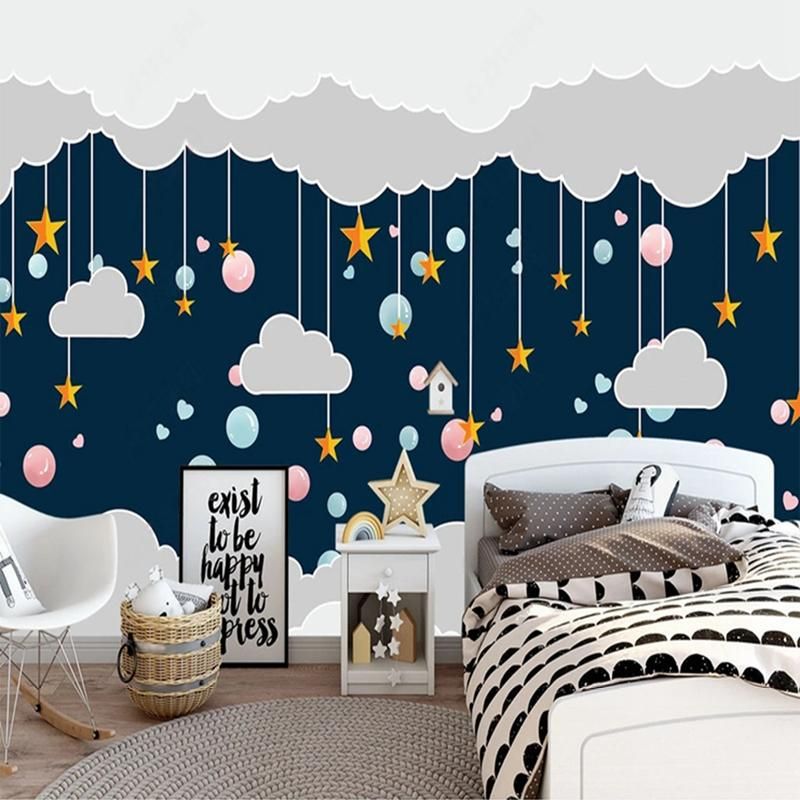 Wallpapers Custom 3D Murals Cartoon Night Blue Sky Stars Clouds Wallpaper  For Baby Room Children Bedroom Background Wall Painting Non-woven