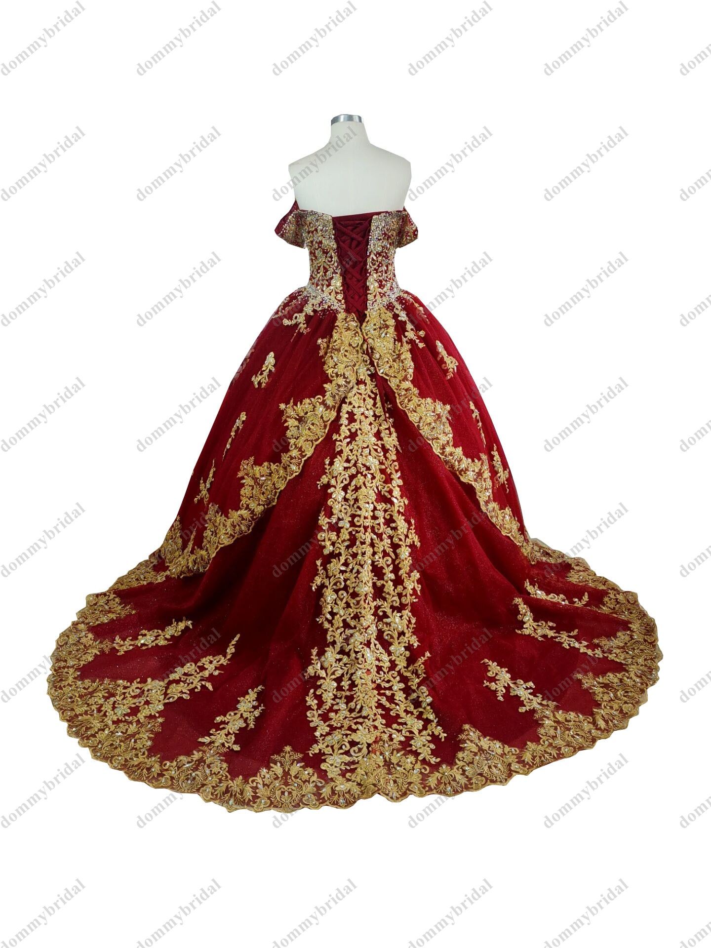 2022 Moda de oro con dibujos Encaje Borgoña vestidos de quinceañera Hombro  de bola del vestido