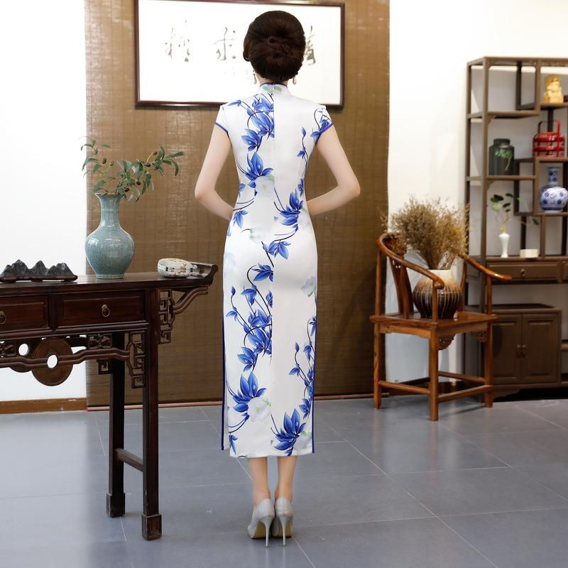 Ropa étnica 2021 Mujeres Chinas Seda natural Cheongsam Vestido Qipao Largo Fiesta Use Blue Cheongsams Vestidos Ropa étnica 2021 Mujeres Chinas Seda natural Cheongsam Vestido Qipao Largo Fiesta Use Blue Cheongsams Vestidos