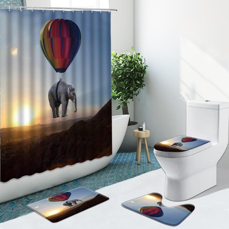 Elephant Travel by Balloon Shower Curtain Waterproof Fabric Bathroom Hooks Mat 