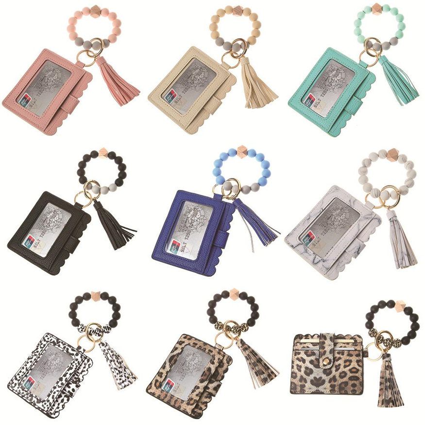US Stock Fashion PU Leather Bracelet Wallet Keychain Party Favor Tassels Bangle Key Ring Holder Card Bag Silicone Beaded Wristlet Keychains Handbag Women Jewelry