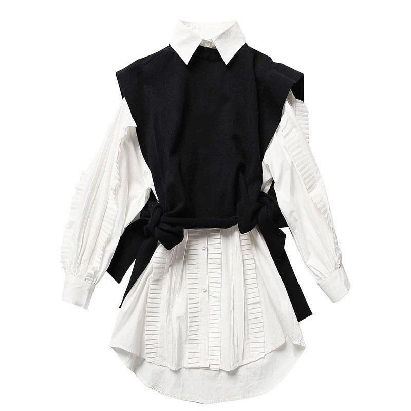 Compra Vestido De Dos Piezas Set Femenino De Manga Larga Con Volantes  Blancos Vestidos De Camisa De Punto Encaje Encima De Chaleco Negro Coreano  Traje Para Mujer Barato | Entrega Rápida Y