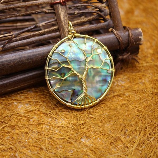 Natural Paua Abalone Shell Bead Flower Tree of Life Silver Pendant Necklace 