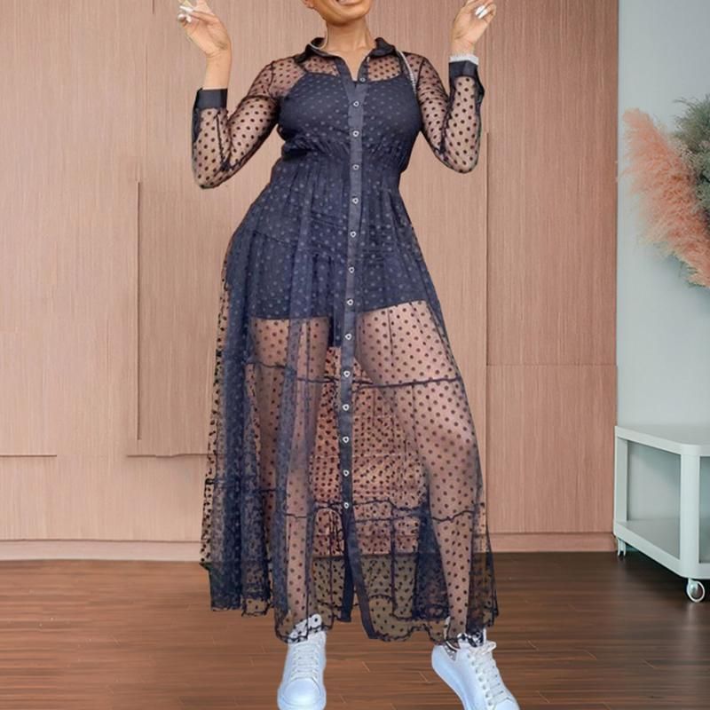 Compra Vestidos Casuales Vestido Transparente Primavera Otoño Moda Fino  Simple S Simple Dots Sexy Botones Manga Larga Barato | Entrega Rápida Y  Calidad | Es.Dhgate