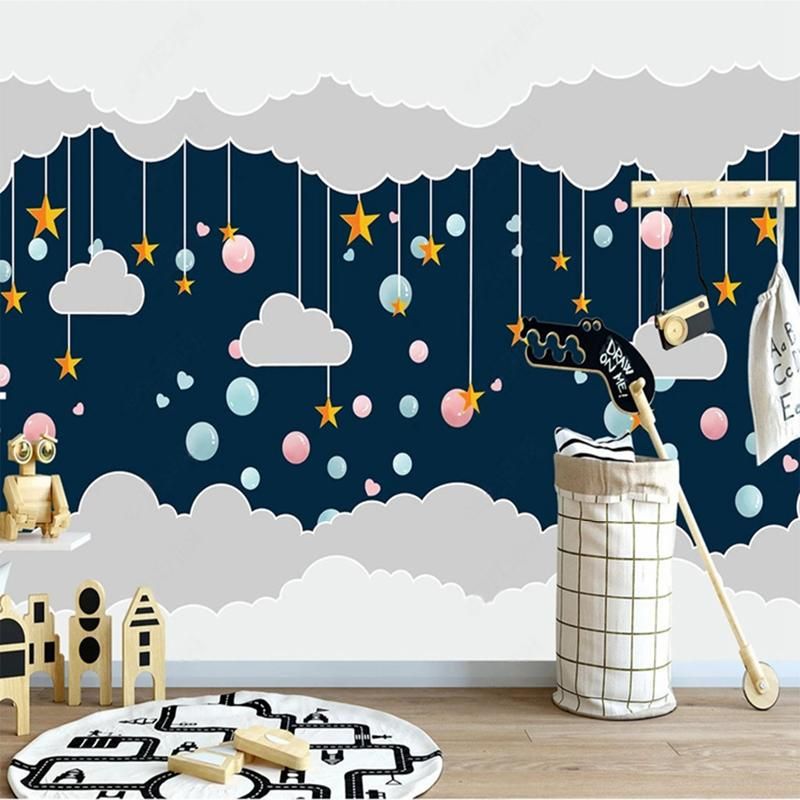 Wallpapers Custom 3D Murals Cartoon Night Blue Sky Stars Clouds Wallpaper  For Baby Room Children Bedroom Background Wall Painting Non-woven