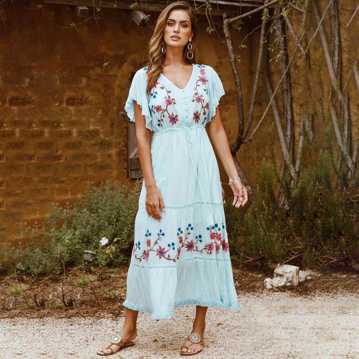 Vestidos informales Boho Bordado Floral Maxi Vestido V Vintage Vestido Vestido Vestido Verano Hippie