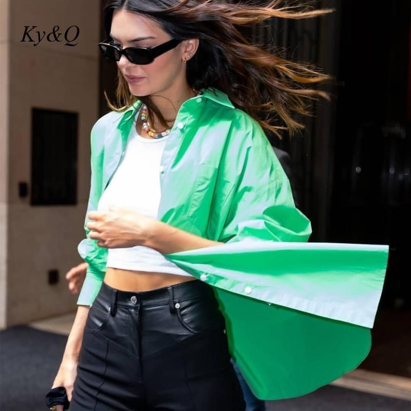 Compra Camisas De Las Blusas De Las Mujeres Kendall Jenner Same Green Ocio  De Manga Larga Floja Simple Color Sólido Camisa De Alta Calidad Coco Casual  Blusa De Abrigo Barato | Entrega