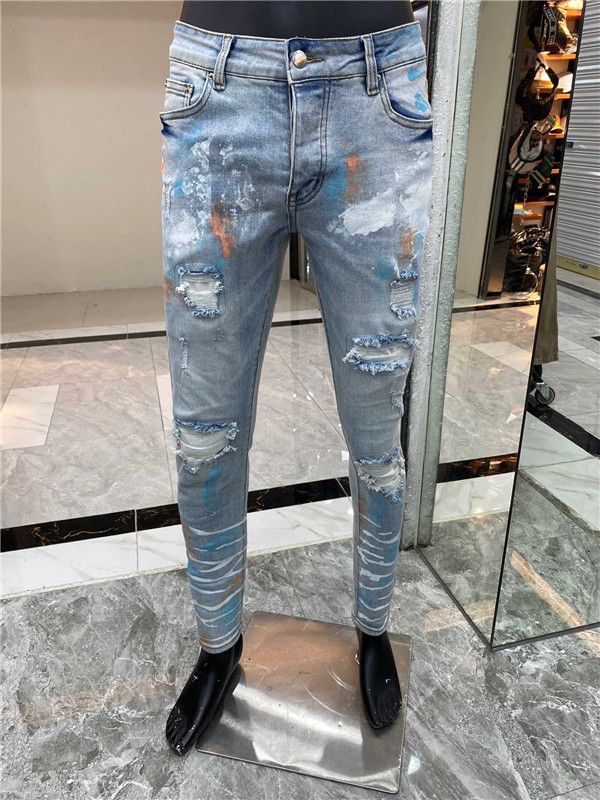 Mens Designer Jeans Ripped Blue Stripe 