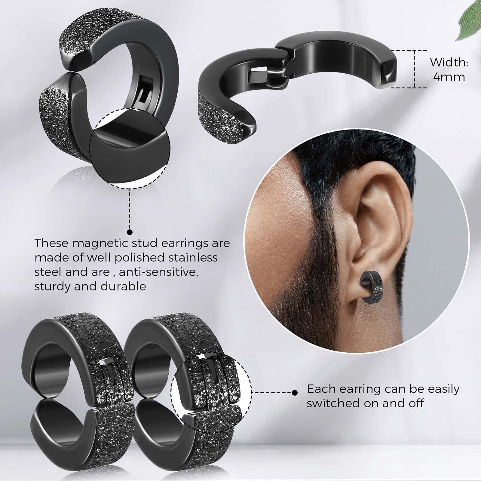 3 Pairs Stainless Steel Magnetic Earrings Non Piercing Men Women Ear CZ  Stud 6mm | eBay