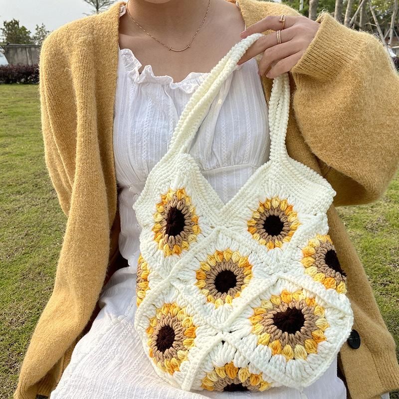Bolsos de noche YY Mano-tejido mujer de lana Crochet Lindo Girasol Hecho en casa DIY Bolso Single Hombro Total