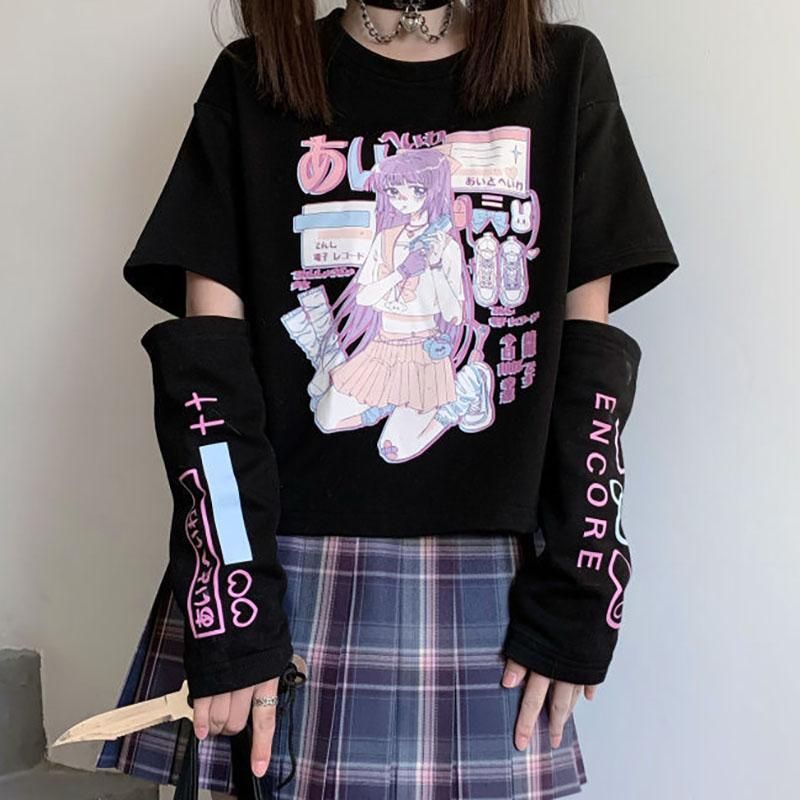 Anime Women T-shirts 2021 Impresión gótica Ropa femenina Estilo japonés Mingliusili Black Top