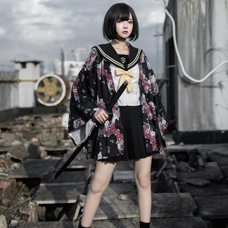 Ropa Oscuro Gótico Haori Para Mujer Verano Flojo Anime Flor Impreso Cardigan Moda Japonesa
