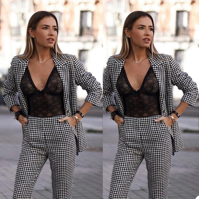 Smart Casual Sexy Women Trajes negocios Plaid Business Steetwear Catwalk Mostrar ropa Party Check