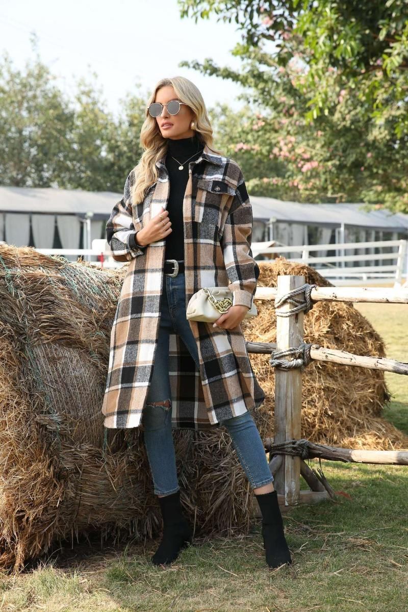 Women's Long Sleeve Lapel Fashion Coat Plaid Wool Long Coat