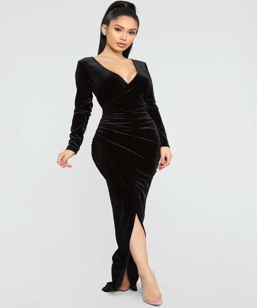 Vestido de noche de terciopelo negro sexy 2022 V cuello de manga larga  Mermaid vestidos de