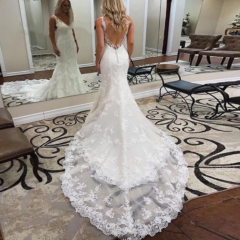 Backless Sleeveless Lace Applique Tulle Mermaid Wedding Dress Bridal Gown Custom 