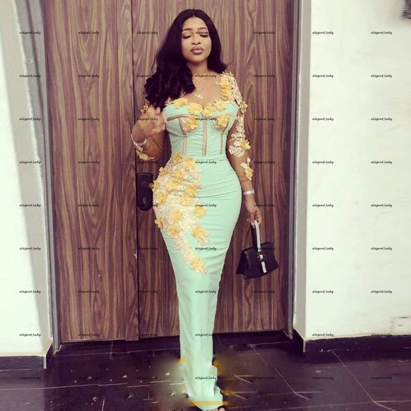 Mint Green Long Sleeves Mermaid Prom Dresses With Gold Flowers Appliques Exposed Boning African Aso Ebi Black Girls Evening Gowns From Alegant Lady 137 95 Dhgate Com