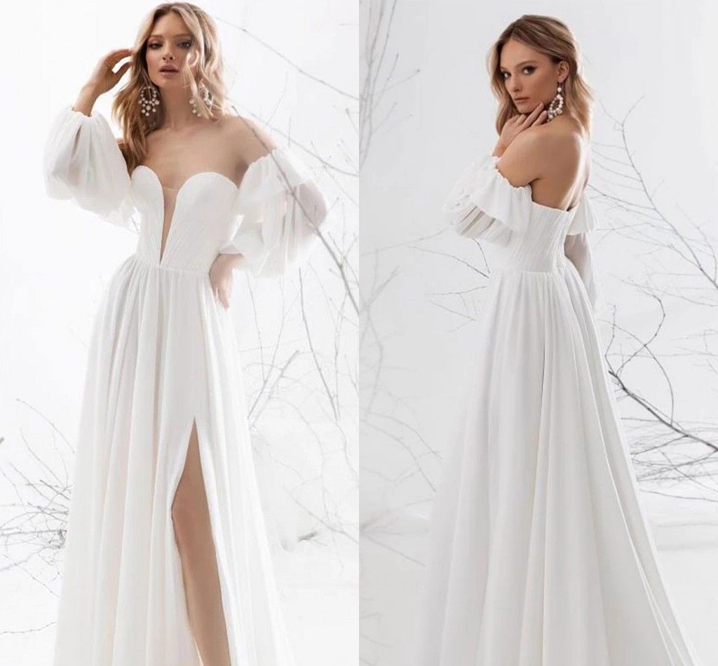 Compra 2021 Gasa De La Chifón Vestido De Novia Blanco De La Boda Playa De  Verano Una Línea Vestidos Simples De Novia Con Mangas Largas Hinchadas Sexy  Abierta Abierta Lateral De La