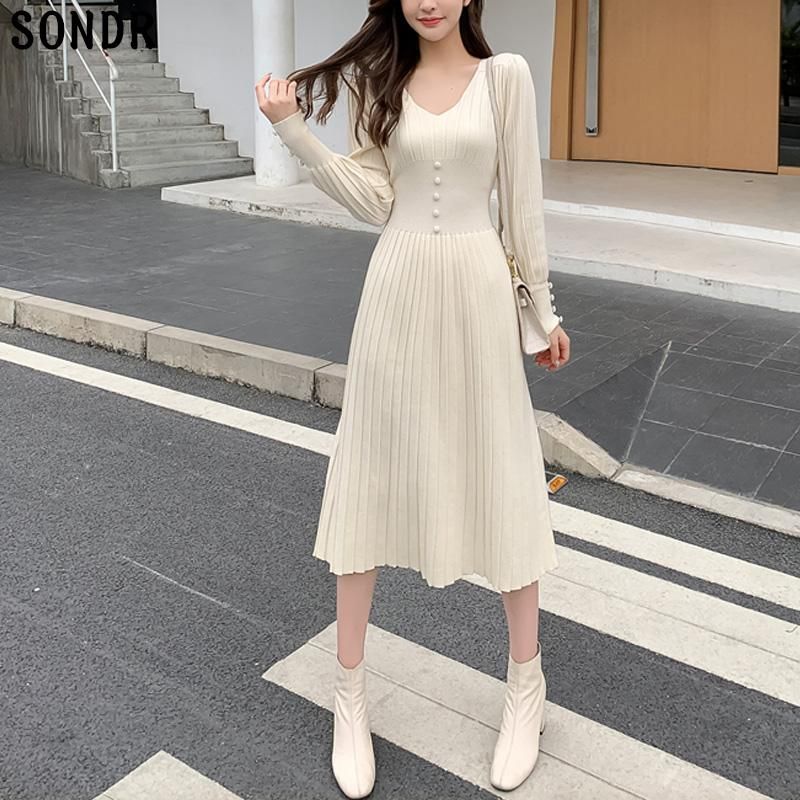 Casual Dresses 21 Autumn Elegant One Piece Dress For Women Fashion Winter Woman Pleated Korean Long Sleeve Sweater Knit Lady Robe From Doulaso 32 91 Dhgate Com