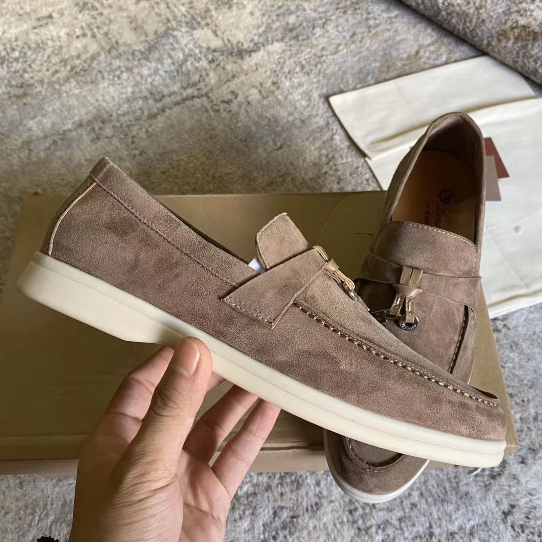 Loro piana zomer charmes verfraaid walk suède loafers schoenen abrikoos  echt lederen casual slip op flats