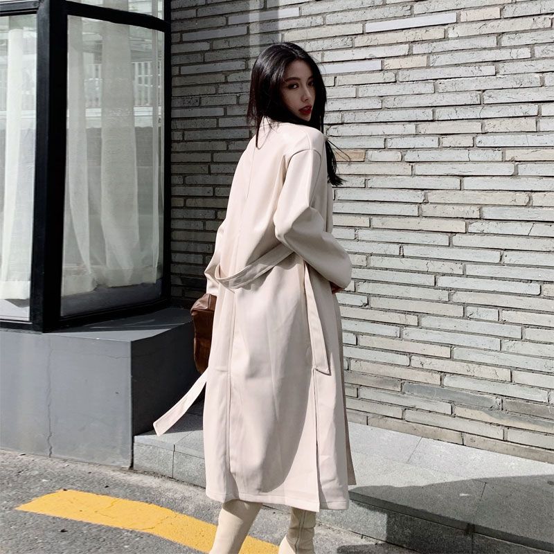 Cool en cuir synthétique longue Veste Femmes Ample Ceinture PU Cuir Trench Slim Manteau Cool en cuir synthétique longue Veste Femmes Ample Ceinture PU Cuir Trench Slim Manteau