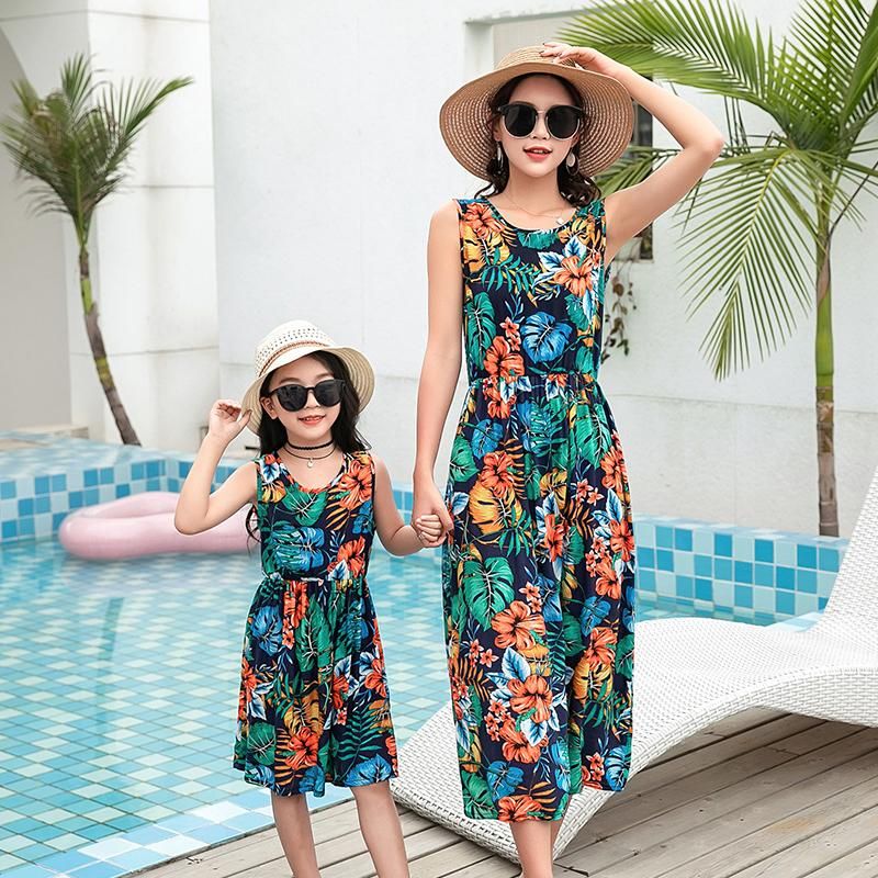 Summer Family Clothes Mother Daughter Beach Dresses Womens Kids Girls Long Dress 