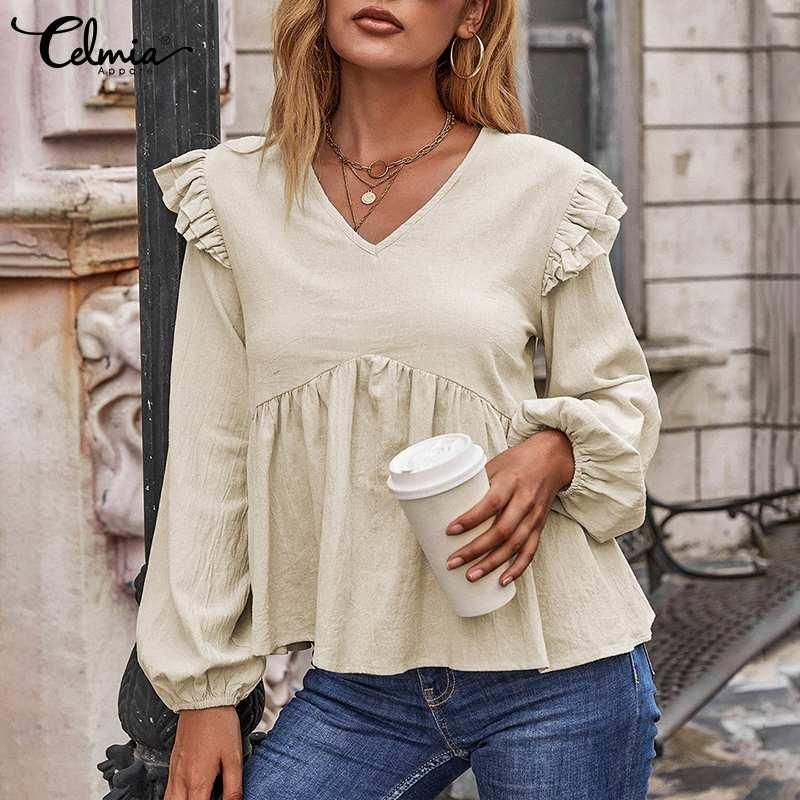Women's Blouses & Shirts 2022 Celmia Women Puff Long Sleeve Ruffles Autumn Pleated Peplum Tops Tunic Elegant V Neck Solid Casual Party