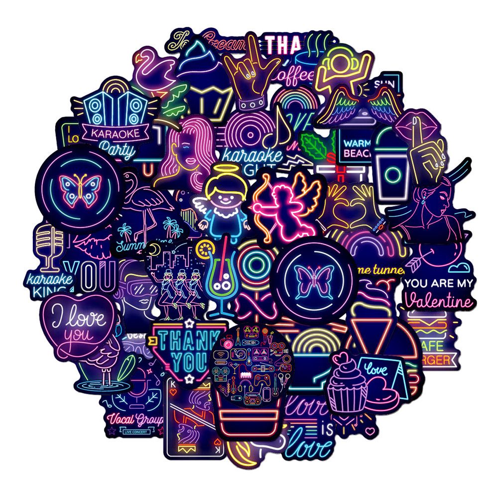 50Pcs Random Neon Light Style Skateboard Stickers Laptop Cool Waterproof Sticker 