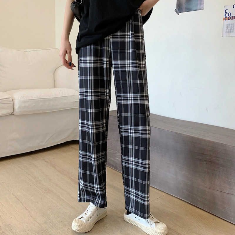 plaid broek Koreaanse geruite broek voor vrouwen mode raster broek losse plaid