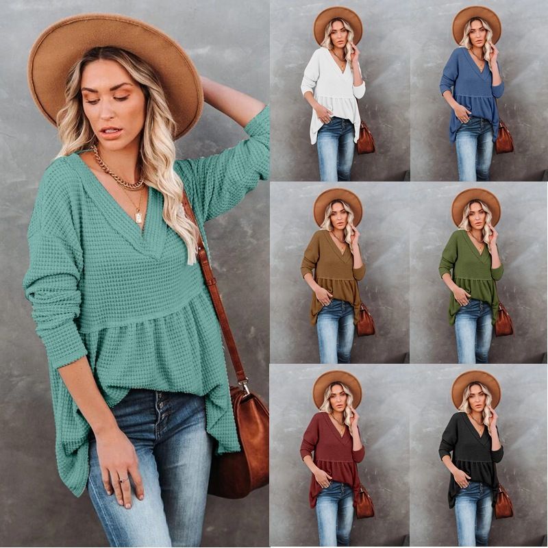 YYG Women T-Shirt Long Sleeve Waffler Knit Blouse Autumn Winter Loose V Neck Top YYG Women T-Shirt Long Sleeve Waffler Knit Blouse Autumn Winter Loose V Neck Top