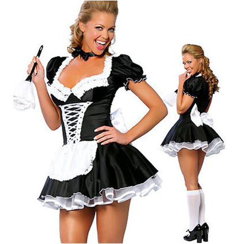 Women Girls Maid Role Play Costume Maidservant Halter Dress Outfits Halloween 