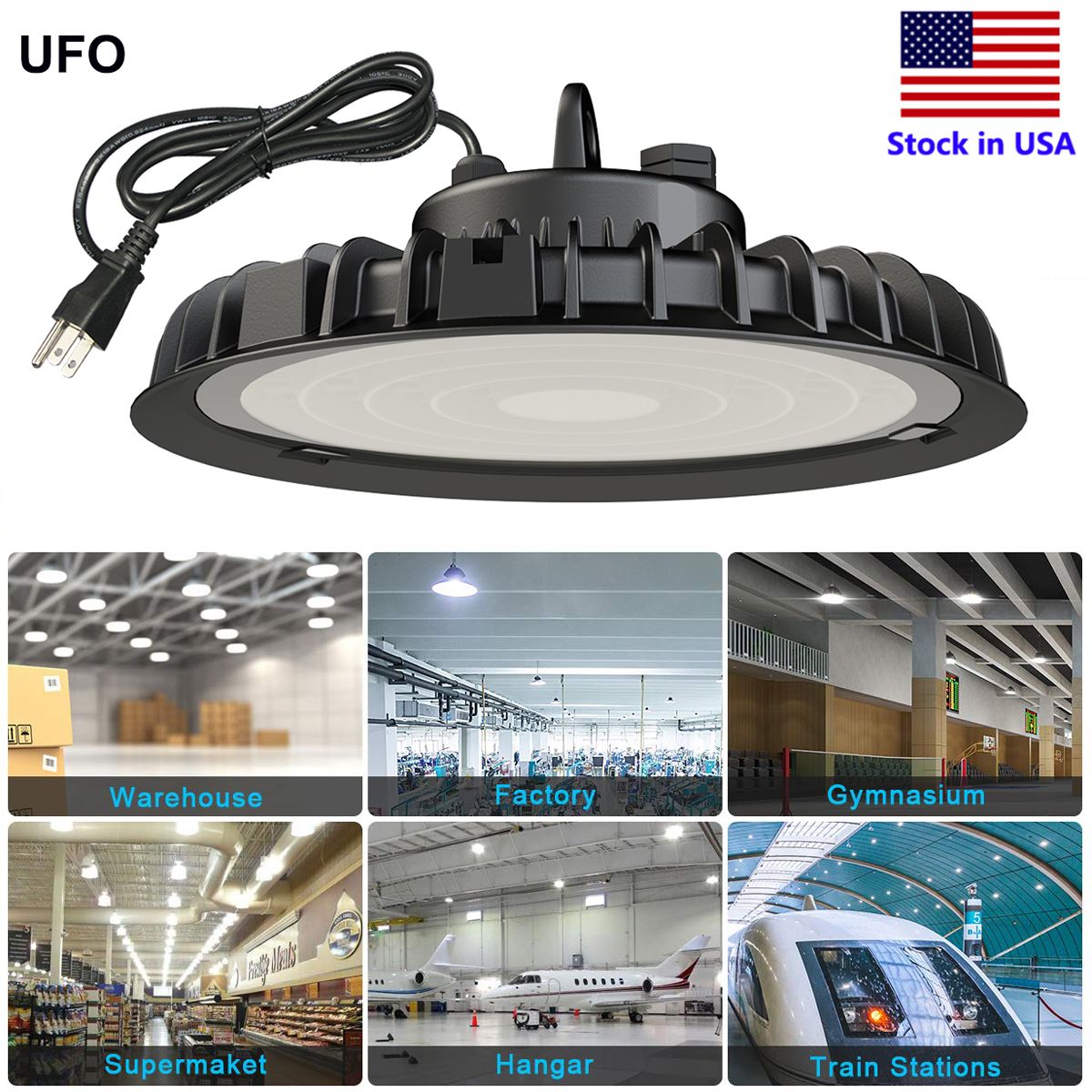 UFO LED High Bay Light 100W 200W 300W US Kрюк 5 'Кабельные промышленные огни НЛО Светильники High Bay LED LED