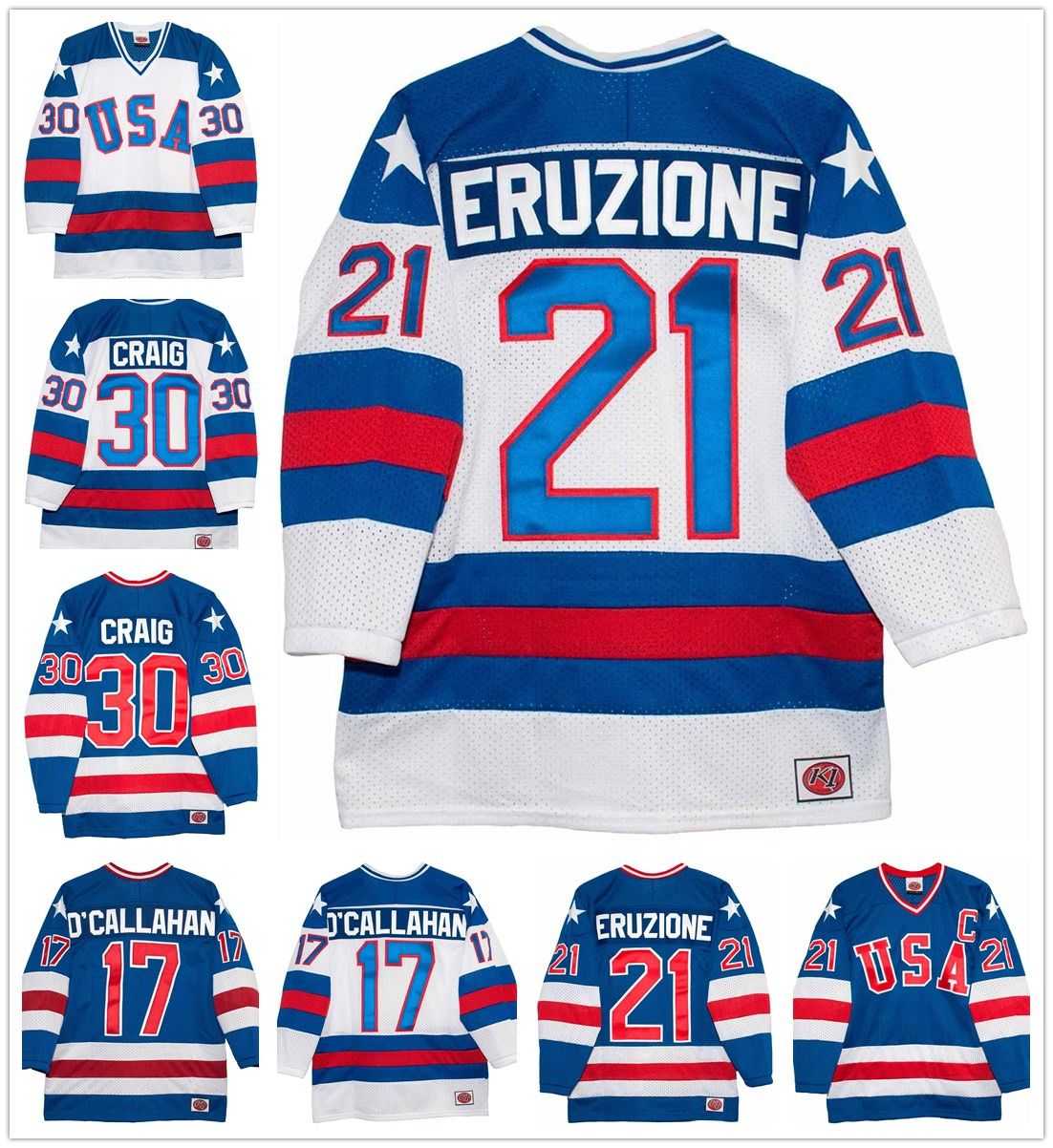 1980 USA Olympic Hockey #21 Mike Eruzione #17 Jack OCallahan #30 Jim Craig Miracle On Ice Hockey Jersey White Blue 1980 USA Olympic Hockey #21 Mike Eruzione #17 Jack OCallahan #30 Jim Craig Miracle On Ice Hockey Jersey White Blue