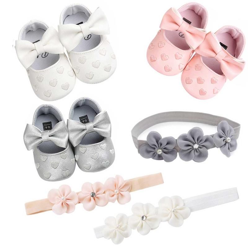 Erste Wanderer Baby Mädchen Krippe Schuhe Stirnband Set Niedliche Herz Prinzessin Blume Haarband für Säuglingsgeborene Mädchen Accesorries