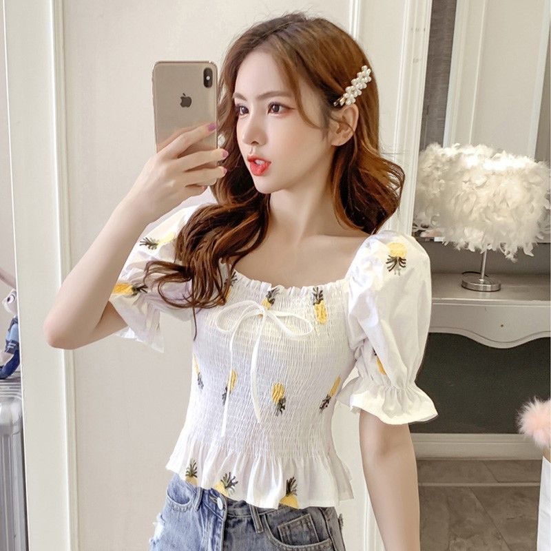 Cuello cuadrado Blusa Mujer Floral Ruchado Slim Fit Mujeres Blusas Sexy Manga corta de