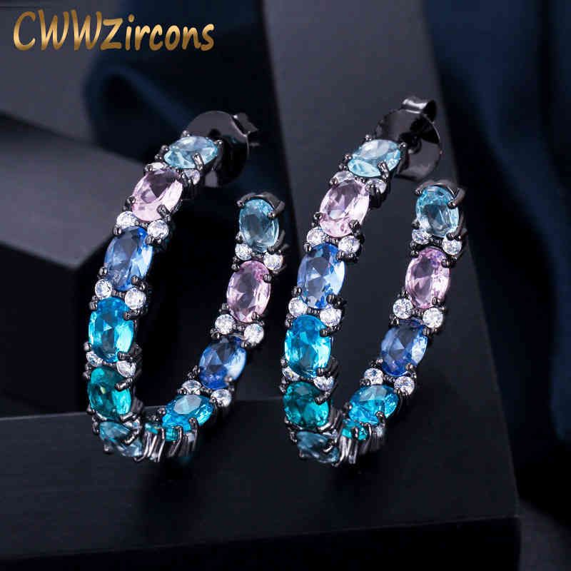 CWWZircons Two Circle Black Gold Plated CZ Stone Women Big Round Hoop Earrings