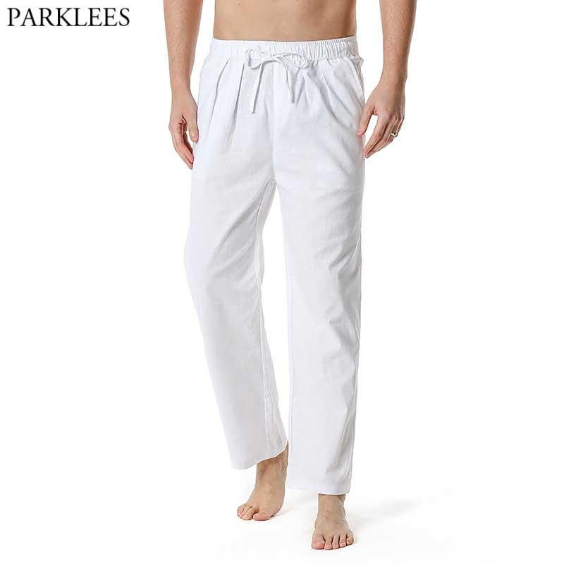 Blanco hombre de algodón pantalones de lino elástico con cordón cintura salón hombres casual liviano