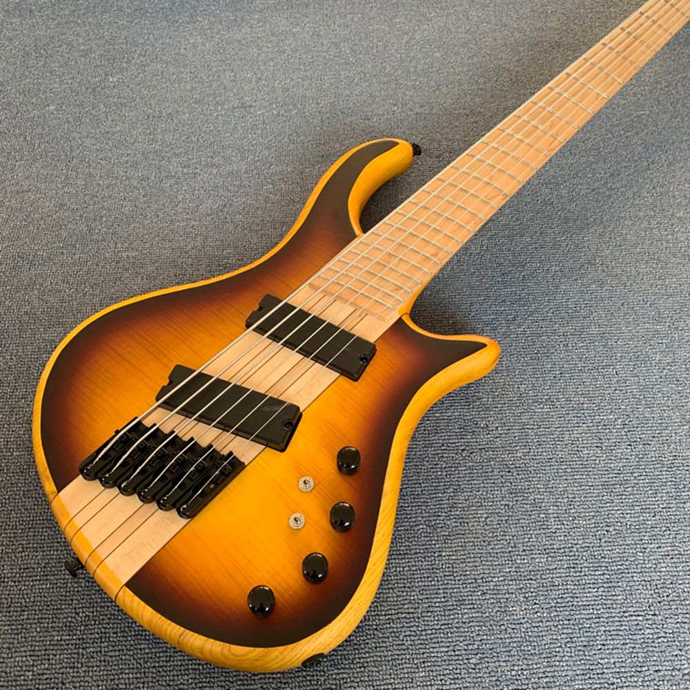 6 Strings Brown Neck Thru Body Electric Bass Guitar With Slanted Frets