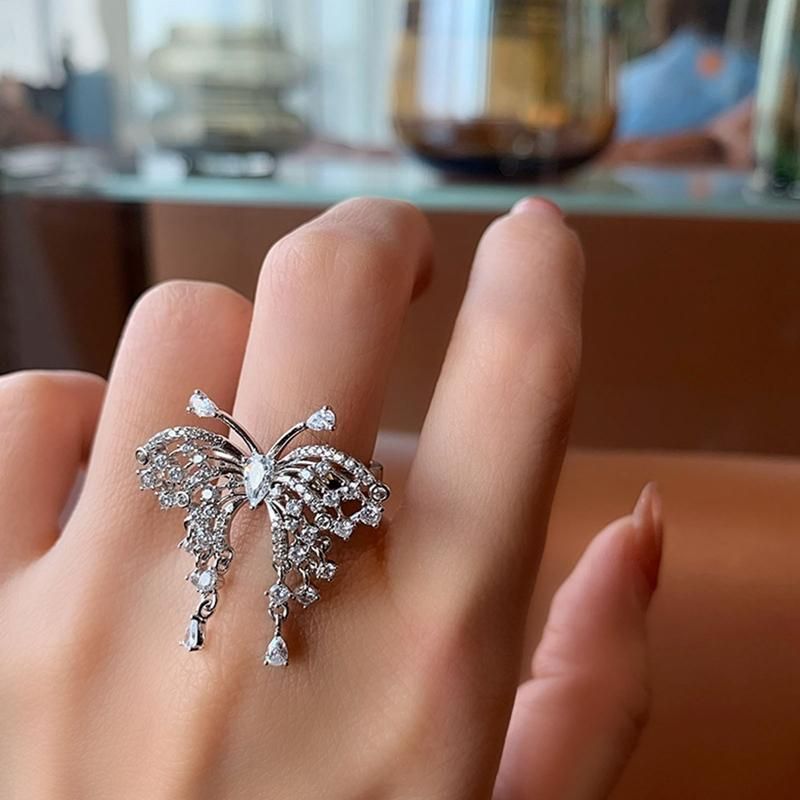 Moda anillos de mariposa colgando Cristal Zircon Anillo abierto Fiesta de boda mujer Charm