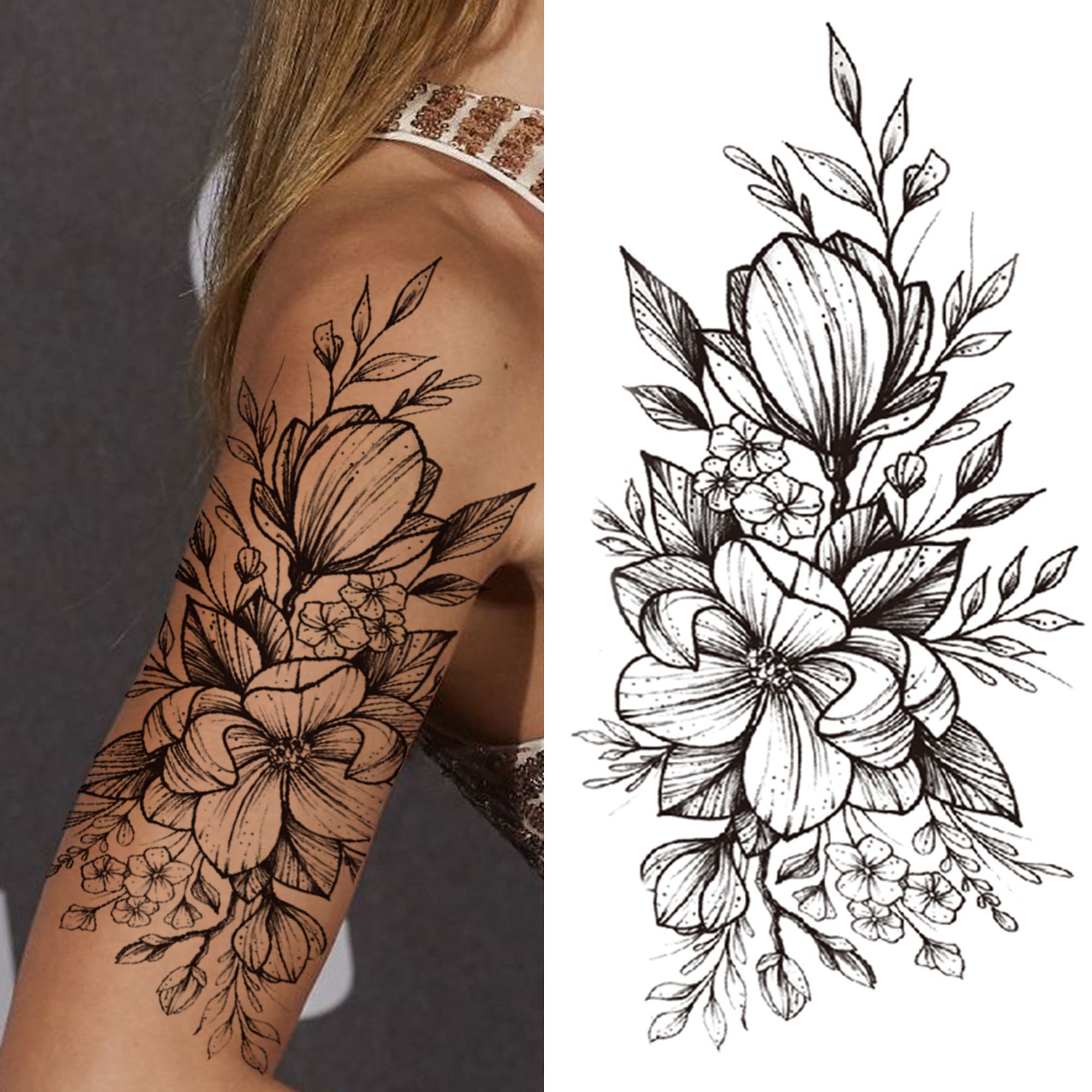 Tatouage Orchidée Noir Et Blanc PerfectionsSexy Tatouage temporaire pour Femmes Filles Adulte Orchidée Noir  Orchidée Peony Tatouages ​​autocollant faux jetable Rose Tatoos papier  cosmétique